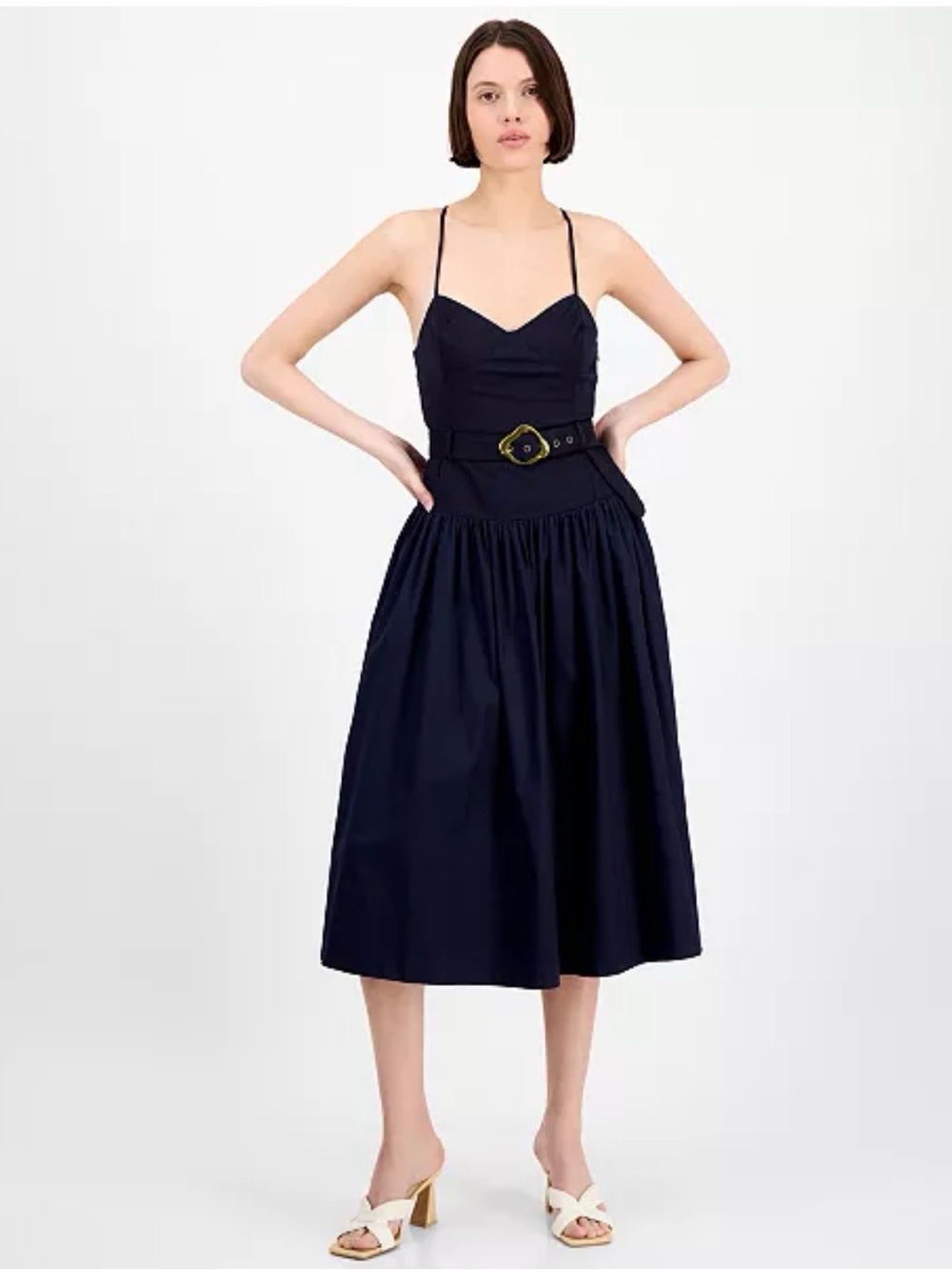 En Saison Navy Spaghetti-Strap Midi Dress with Gold Buckle